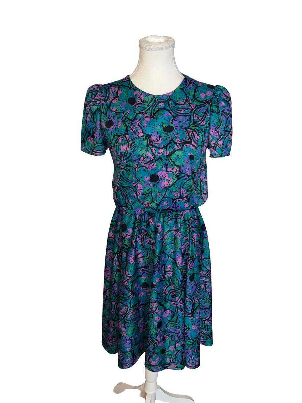 Vintage 1980s Abstract Floral Petite Dress